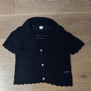 Francesca’s Black Crochet Knit Short Sleeve Cardigan Sweater size M